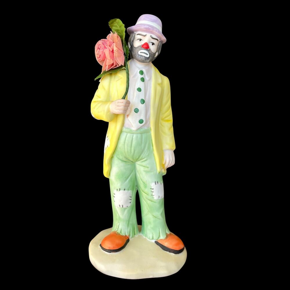Flambro Clown Emmett Kelly Jr Bearded Hobo Figurine Holding Flower Porcelain